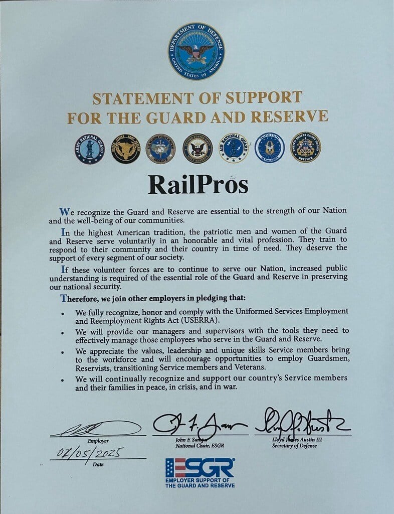 Image shows RailPros signed letter in support of the Guard and Reserve (ESGR)